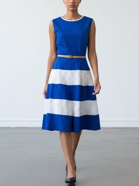 Modcloth / Bea & Dot Blue White Polka Dot Belted Pinup Dress sz L